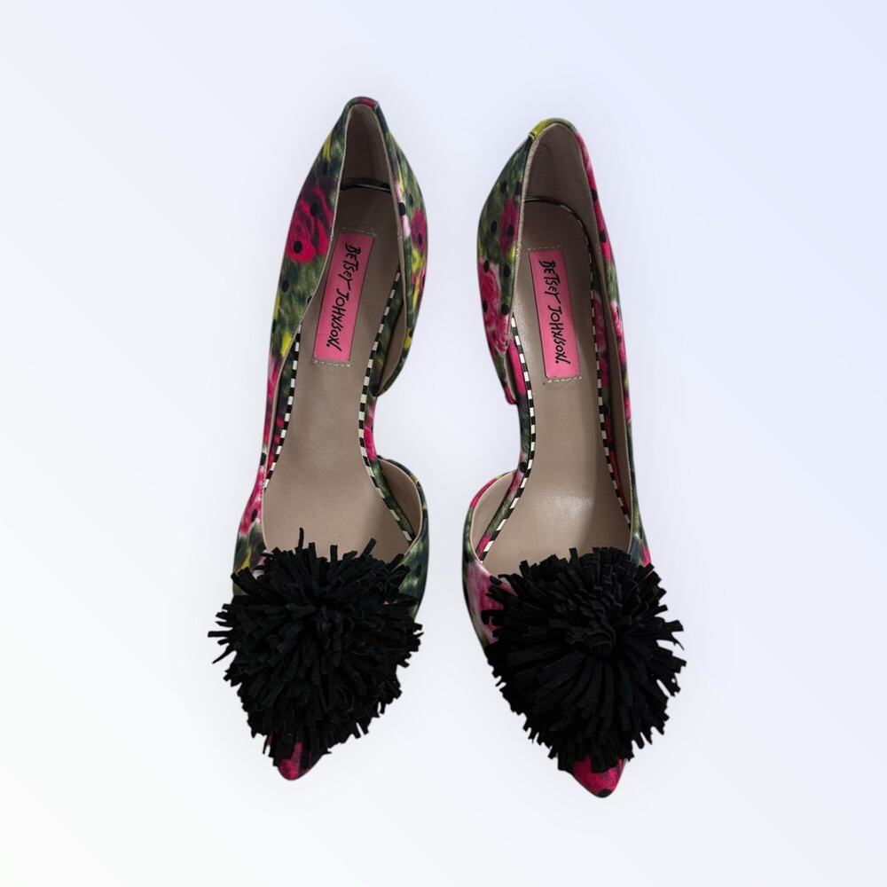 Betsey Johnson Harly Floral Polka Dot Pom Pom Pointed Toe Stiletto Pumps Heels 7 - Picture 2 of 7